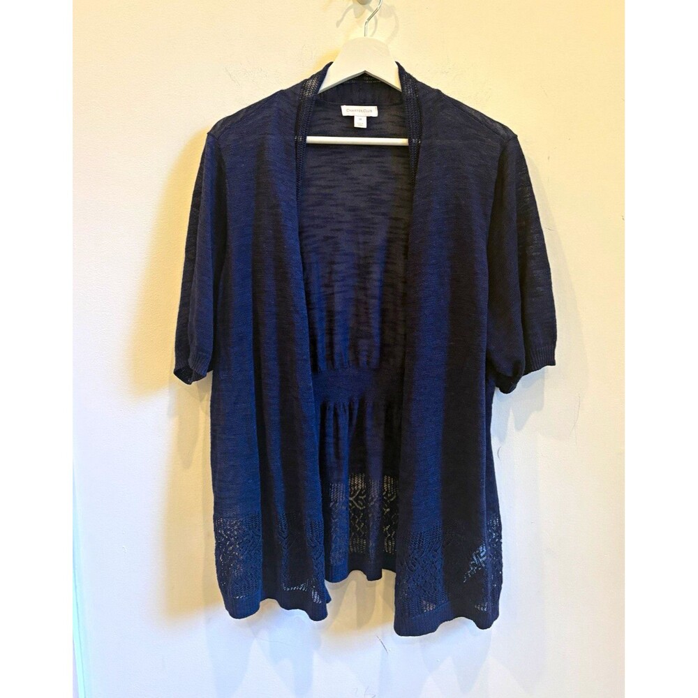 Charter Club Plus 2X Blue Open-Knit Lightweight short Sleeve Cardigan navy boho